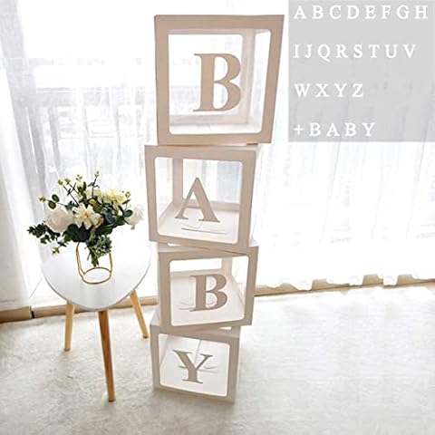 Baby Shower Decorations Boxes for Boys Girls, 4Pcs White Transparent Balloon Boxes with 30 Letters, Baby+A-Z for Custom Name, Birthday Party Decor, Gender Reveal Decorative Blocks Cover