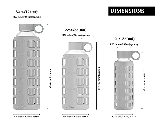 purifyou 40oz / 32oz / 22oz / 12oz Borosilicate Glass Water Bottle with Time & Volume Markers, Silicone Sleeve, Stainless Steel Lid | Reusable Glass Bottle for Water & Juice (12oz Pastel Gray)
