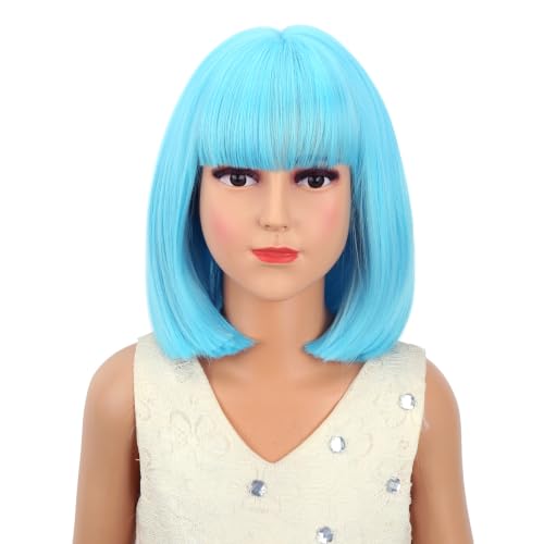 Image of Kids Blue Wig with Bangs Light Blue Bob Child Wig Short Sky Blue Wigs for Girls Daily Halloween Cosplay Wigs