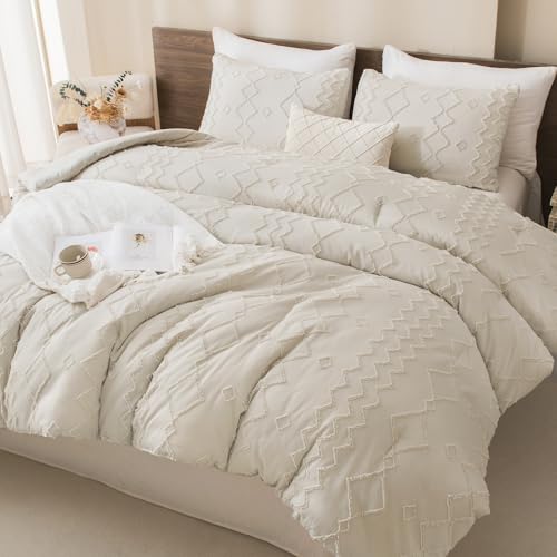 Image of Andency Beige Tufted Comforter Set Full(79x90Inch), 3 Pieces(1 Boho Comforter, 2 Pillowcases) Textured Farmhouse Bed, Soft Down Alternative Geometric Bedding Set