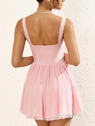 Image of Womens Summer Floral Mini Dress Square Neck Tie Front Lace Spliced Ruched Backless Casual Party Graduation Short Dresses