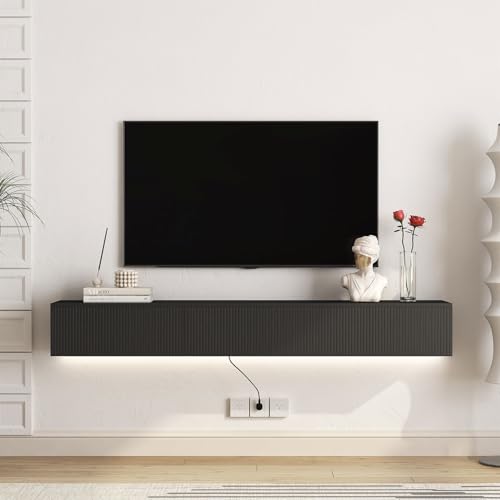 Fluted Floating TV Stand with LED Lights and Power Outlet, Floating Entertainment Center for 80 Inch TV, Mid Century Modern Mounted Media Console Shelf with 3 Flip Drawers, 69 x 11.8 x 9.2 inches - Thumbnail 4