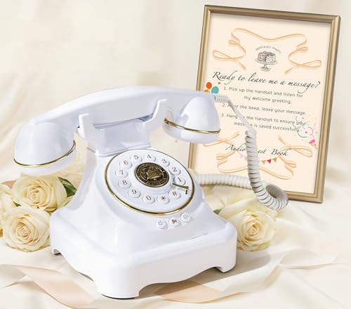 Image of RetroVox Audio Guest Book Wedding Phone Guestbook and Signage Guest Audio Message Book, Vintage Style for Wedding Reception, Bridal Shower, Baby Shower（White & Sign Holder E）