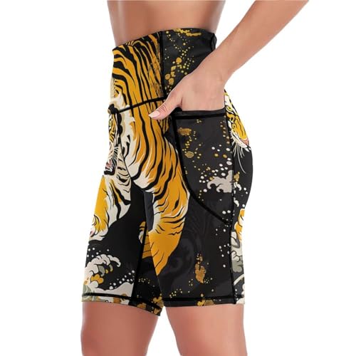 Japanese Tiger Wave Women’s Biker Yoga Short High Waisted Yoga Workout Running Shorts with Pockets4