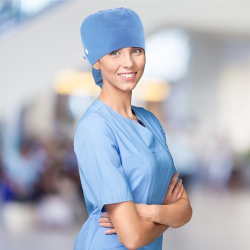 Image of 8 Pcs Satin Lined Scrub Caps, Nurse Hats with Buttons Sweatband, Adjustable Ponytail Surgical Caps for Women