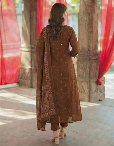 Image of GoSriKi Rust Anarkali Kurta Set for Women with Dupatta | Cotton Kurti Set for Woman | Embroidered Anarkali Suit for Women Kurti Pant Set with Dupatta | Suit Set for Women Latest
