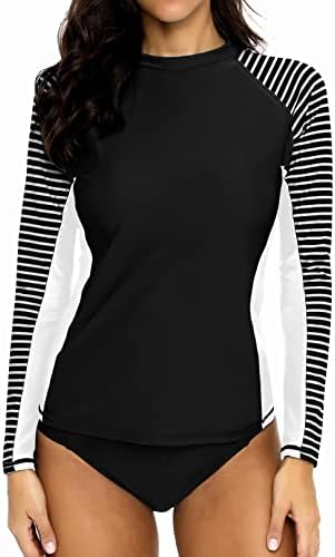 CharmLeaks Womens Swim Shirts Stripe Rash Guard Sun Protection Shirt Diving Black 2XL