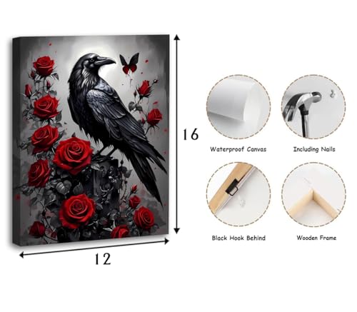Image of Framed Red Rose & Crow Wall Art 12x16 inch,Vintage Flowers Canvas Wall Art,Dark Academia Botanical Poster Prints,Romantic Rose Floral Decor for Living Room,Bedroom,Bathroom