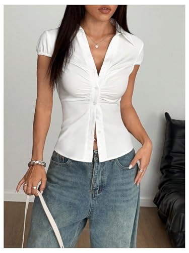 SOLY HUX Women's Summer Button Down Shirts Ruched Collared V Neck Cap Sleeve Blouse Going Out Tops4
