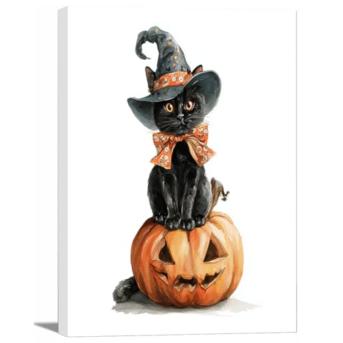 Affiche Halloween chat noir et citrouille vintage pour salon cosy et mystique