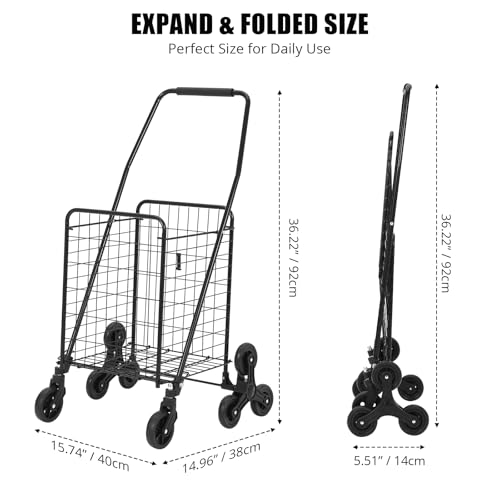 Folding Shopping Cart 110 LBS Capacity Utility Cart with Stair Climbing Wheels, 22 Gallon Large Basket, 360° Swivel Wheels, Collapsible Cart for Laundry, Shopping, Grocery, Luggage, Picnic