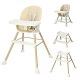 Bonnlo 4-in-1 Convertible Baby High Chair, Adjustable Height Highchair with Removable Double Trays and 5-Point Harness, Multi-Functional Feeding Chair for Toddlers 6-36 Months, Beige (Beige)