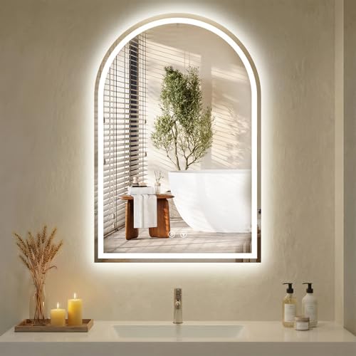 Image of NEWBULIG 24X36 Inch Arched LED Bathroom Wall Mirror with Lights, Light up Vanity Bathroom Mirror for Over Sink, Anti-Fog and Dimmable, Front Light and Backlit, Memory Function, Shatter-Proof, White