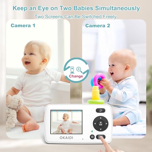Image of OKAIDI Video Baby Monitor with 2 Cameras, 2.4'' Portable Travel Screen, 1000ft Long Range Transmission, Baby Monitor No WiFi, Infrared Night Vision, VOX Mode