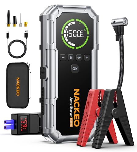 Portable Car Jump Starter with Air Compressor 6000A 150PSI, NACKEO Car Battery Jump Starter (All Gas/10L Diesel),12V Jump Box Car Battery Jumper Starter Portable with Large LCD Display, 500lm Lights