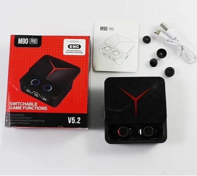 Contents of the M90 Pro Earbuds package, including the charging case, earbuds, charging cable, and extra ear tips.