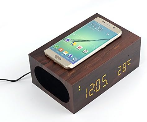 YOUMI Multi-Function Stereo Bluetooth Wood Speaker Wireless Charger with Built in Mic, Thermometer, NFC and LED Time Display for Smartphones, Laptop/Tablets and Other Digital Devices (BROWN)