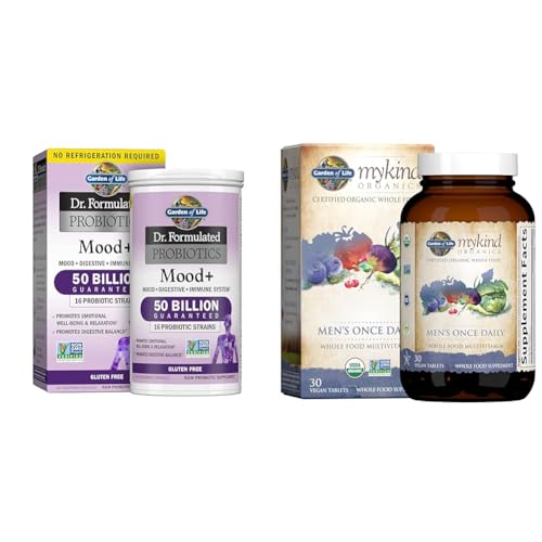 Garden of Life Dr. Formulated Probiotics Mood+ Acidophilus Probiotic Supplement - Promotes Emotional Well-Being & Organics Multivitamin for Men - Men's Once Daily Whole Food Vitamin Supplement Tablets
