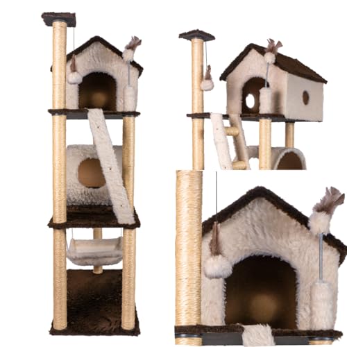 Arranhador Casa para Gatos 3 andares com Rede e Túnel Grande Cat (Bege)