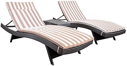 GDFStudio Savana 3 Piece Outdoor Wicker Lounge with Water Resistant Cushions & Coffee Table (Grey/Brown&WhiteStripes)