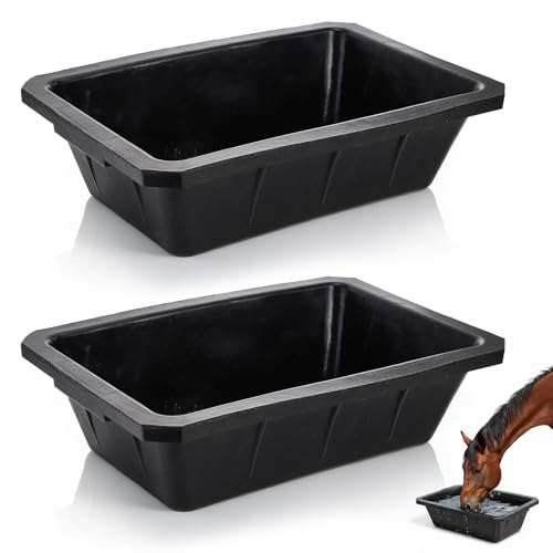 Cididu 2 Pack Rubber Feeder Pan, 10 Quart Large Horse Trough Feeder Bucket, Heavy Duty 2.5 Gallon Chicken Dust Bath Tub Water Bowl for Pig Goat Dog Cat Farm Livestock Animal Feeding, Rectangular