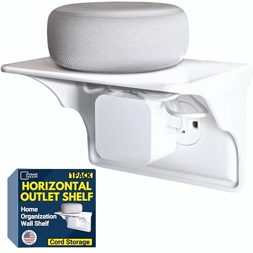 Power Perch Horizontal Wall Outlet Shelf with Cord Storage Strap – Bathroom Shelf for Electric Toothbrush and Toiletries – Small Wall Shelves for Homepod Mini, Echo Dot Stand – White, 1-Pack