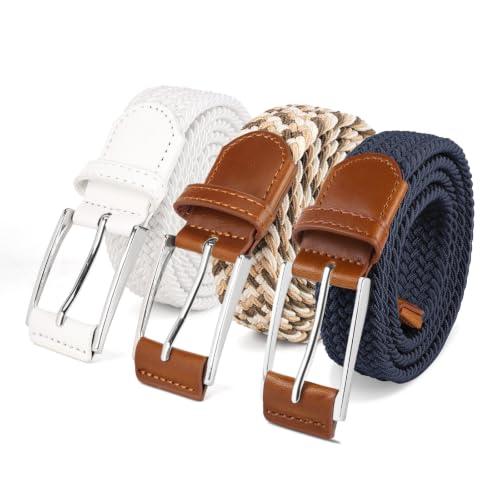 Image of Braided Stretch Belt Mens 3 Pack Woven Belts for Golf & Casual | elastane belts, hole-free fit for all waist, zinc alloy buckle, adjustable fit for golf, jeans, dress pants, and work.