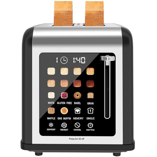 2 Slice Toaster Touch Screen, Stainless Steel Toasters Digital Timer 2 Slot Toasters, 8 Shade Settings 6 Bread Types for Bagel, Cancel, Defrost (Black)