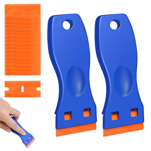 2PCS Plastic Scraper Tool, Non-Scratch Razor Scraper with 100 Plastic Blades, Multipurpose Scraper for Removing Stickers, Labels, Paint from Glass, Car, Oven