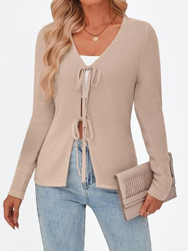 Trendy Queen Womens Tie Front Tops Fall Cardigan Sweaters 2025 Fashion Crochet Crop Vacation Clothes Cute Y2K Casual Outfits3