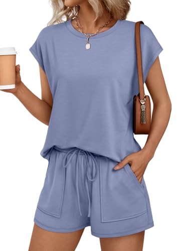 Image of AUTOMET Womens Crew Neck Two Piece Short Sets Cap Sleeve Drawstring Summer Sweatsuit with Pocket