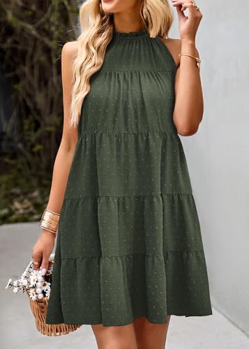 Image of KIRUNDO Summer Sundresses for Women Halter Dress Babydoll | Spring Sleeveless Halter Top, Flowy Tiered Pleated, Western Cute Country Concert, Beach Wedding Guest Vacation Cruise Dress