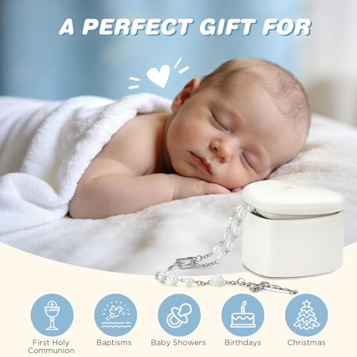 Image of NORBU Baptism Gifts for Girl, My First Rosary with Ceramic Keepsake Box, Rosary for Kids, First Communion & Baby Dedication Gifts for Newborn Baby Boys Catholic Christening Gift