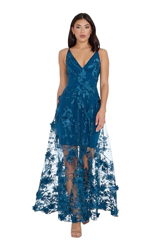 Dress the Population Womens Embellished Plunging Gown Sleeveless Floral Long Dress, Peacock Blue Sidney, XX-Small