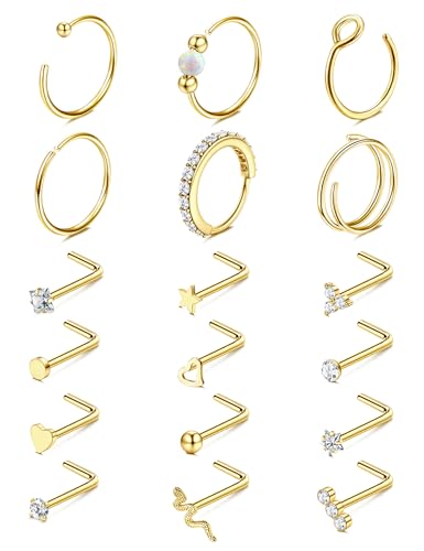 Jstyle 18Pcs Nose Rings for Women Men 14K Gold - 20G Hypoallergenic Surgical Steel Nose Rings Hoops L Shaped Studs Hypoallergenic Snake Opal CZ Geometric Nostril Piercing Jewelry Gold Tone
