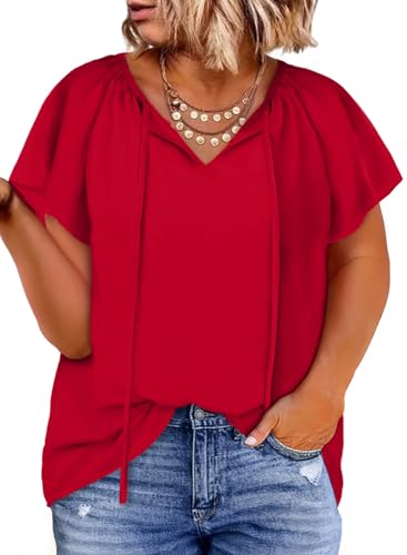 Eytino Women Plus Size Tops Boho Printed V Neck Short Sleeve Drawstring Casual Chiffon Shirts Blouse(1X-5X)