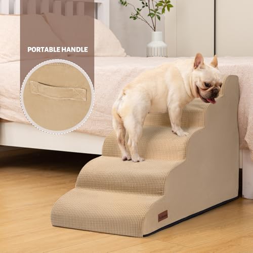 Image of Aodisman Dog Stairs for High Bed,5-Step Pet Ramp for Small Dogs and Cats | 22.2 inch H Dog Steps for Bed with High-Density Foam, Help Olders,Short-Legged Dogs,Puppy and Cats Get on Beds Easily,Grey,Khaki