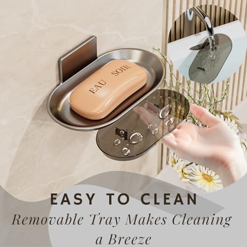 Image of Tenom Soap Stand for Bathroom Wall Mounted, Space Aluminum Soap Holder for Bathroom Stickable, Rustproof Soap Dish, Durable Soap Box with Drain Tray (1, Grey)