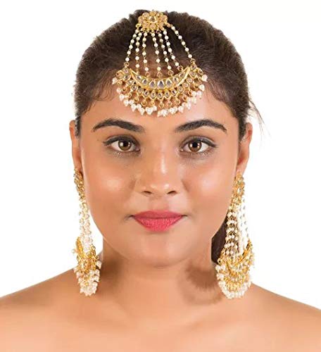 Image of Kundan Pearl Gold Platted Long jhumar Wedding Passa maang Tikka and Earrings Set for Women Girls