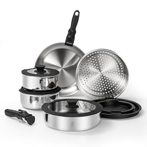 ROYDX 3-Ply Pots and Pans Set,18/10 Stainless Steel Cookware Set with Detachable Handles,PFOA Free, Frying Pan,Saucepans with Lid for All Stoves, Dishwasher and Oven Safe, Camping