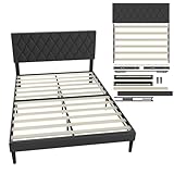 UISEBRT Cama tapizada de 140 x 200 cm – Marco de cama con botones – Estructura de cama con cabecero tapizado de piel sintética, diseño moderno