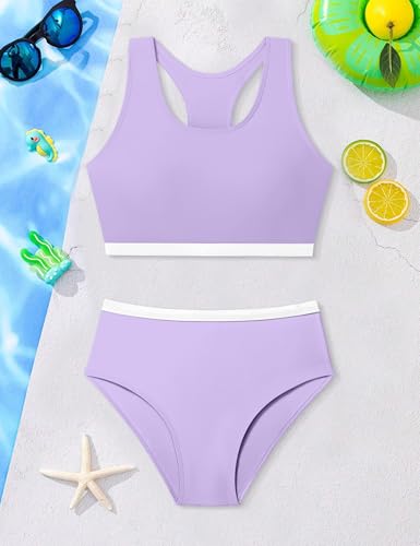 Image of DONWEN Girls Swimsuits V Neck Bikini Set Textured High Waist Girl Two Piece Bathing Suit