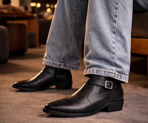 Image of Kraasa Men's Synthetic Leather Ankle Boots with Side Buckle Strap, Elastic Panel & Durable TPR Sole Casual & Formal Wear Boot