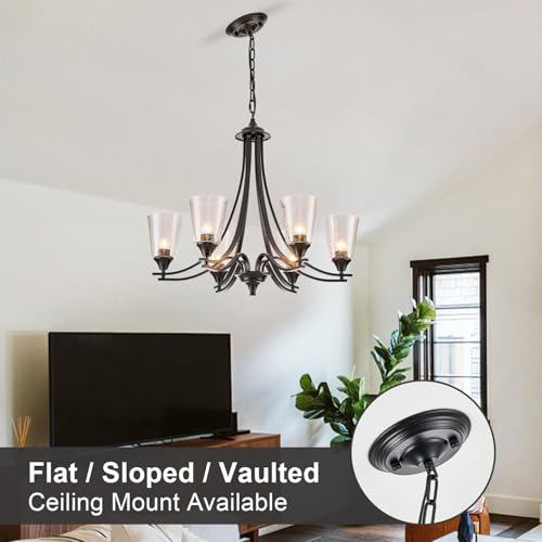 Image of 6-Lights Modern Chandeliers Black with Seed Glass Lampshade Dinging Room Light Adjustable Height 47.2 Ceiling Hanging Lights for Kitchen Island Living Room Dinging Table