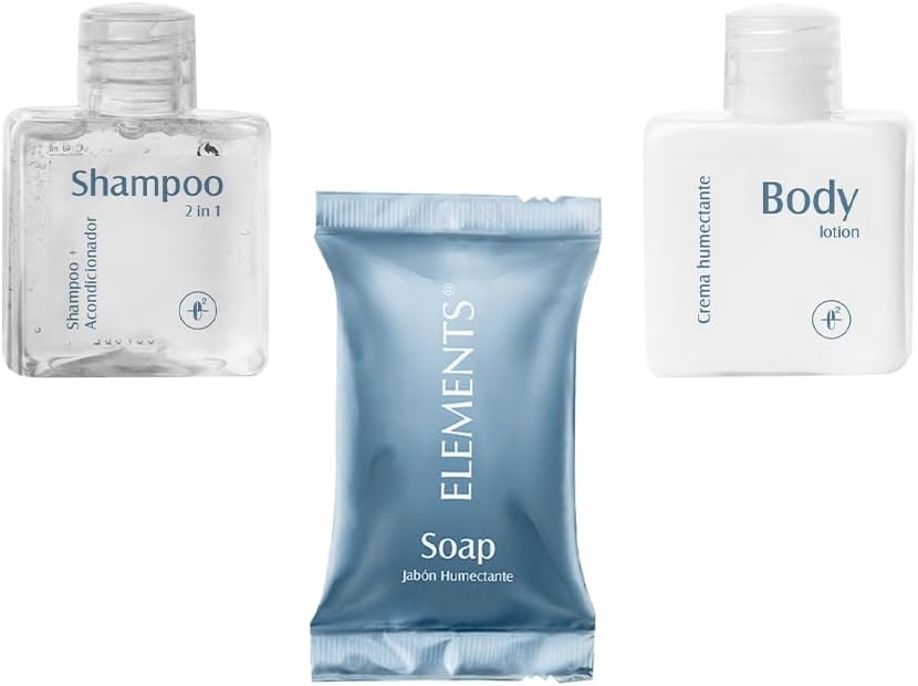 Kit de amenidades del hotel - Colección Elements - 100 piezas de artículos de tocador de tamaño viaje (32 champús, 32 lociones corporales, 36 barras de jabón) - Suministros para huéspedes a granel para moteles y hotelería