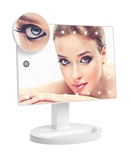 VILLATONE Large Makeup Mirror with Lights and Magnification (Detachable Spot 10X Cosmetic Mirror). 360° Rotation. Touch Screen Brightness Dimming. Lighted Vanity Mirror for Make Up with LED Lighting