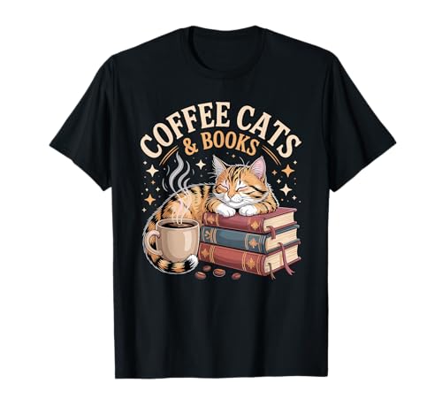 Cozy Reading Cat Coffee and Books Lover Artwork T-Shirt