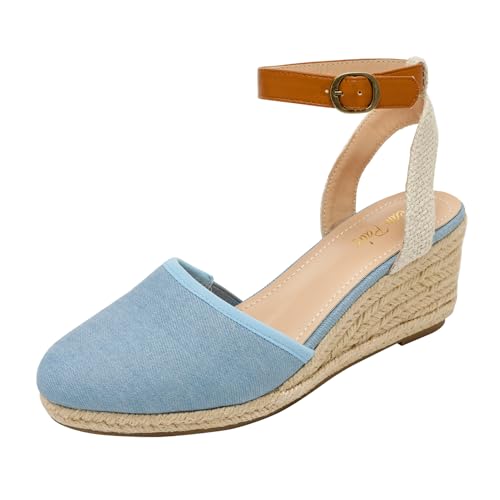 DREAM PAIRS Women's Ankle Strap Closed Toe Espadrille Wedge Heels Sandals 5.5 Light/Blue