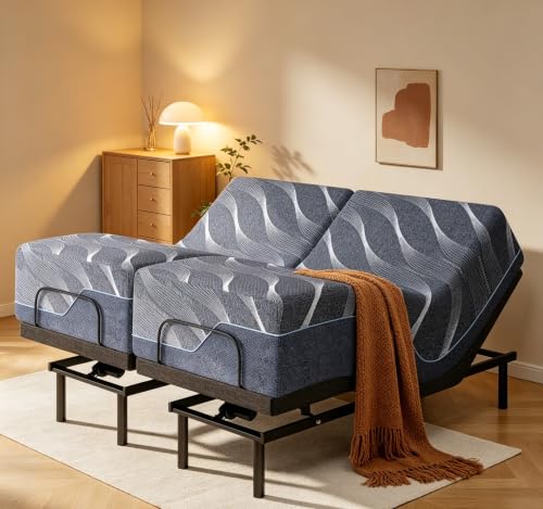 Split King Adjustable Bed Frame,14 Inch Gel Memory Foam Mattress, Adjustable Bed Base with Thickened Foam Frame, Separate Head/Foot Lift, Anti-Snore/Zero Gravity,Smart Electric Beds,Easy Assembly