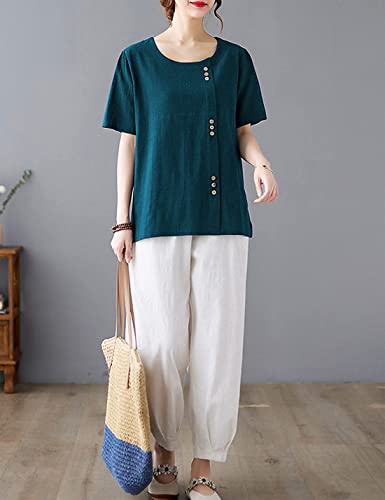 SCUSTY Oversized Crew Neck Linen Tops for Women Short Sleeve Cotton Blend Tee Shirts4